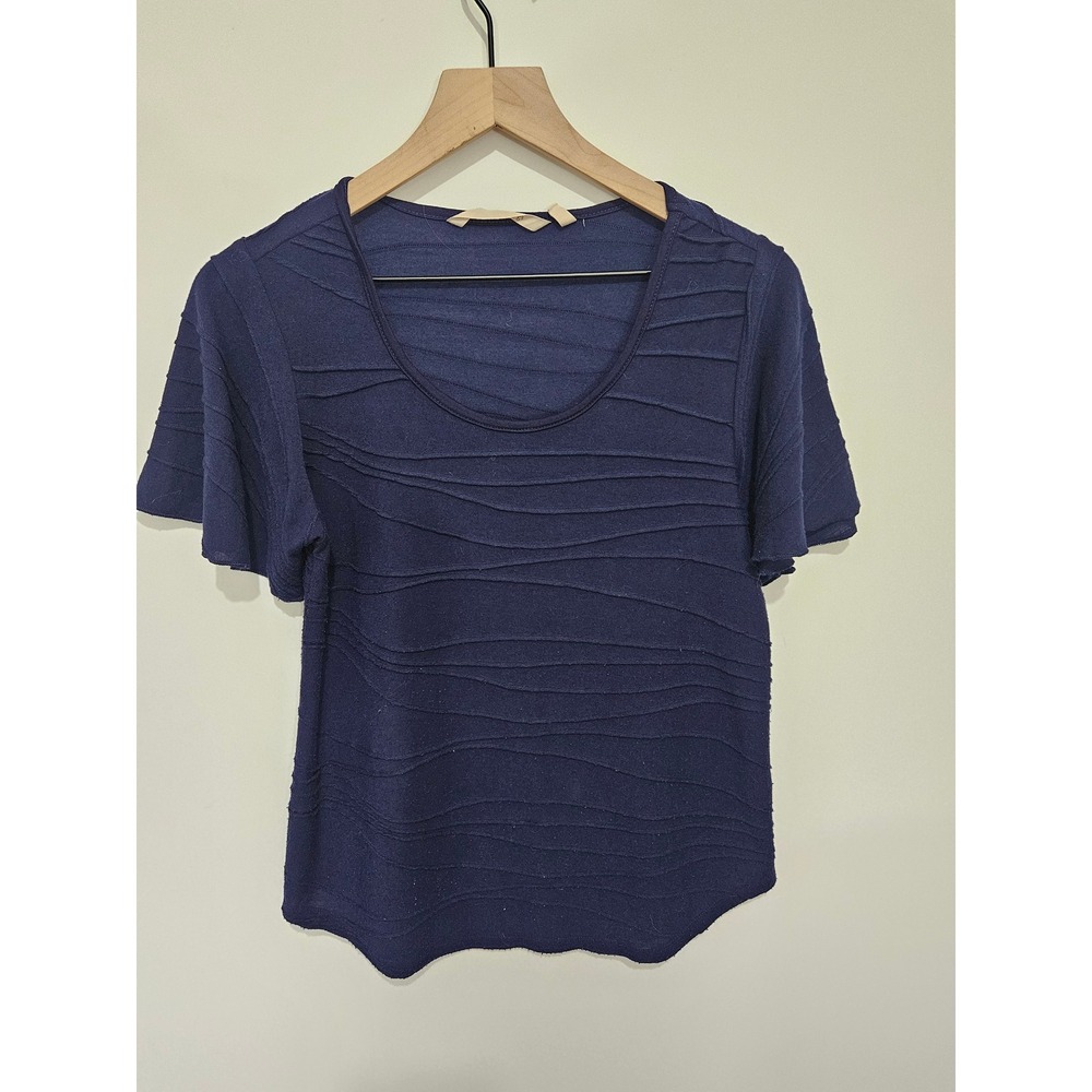 Soft Surroundings Navy Blue Textured Wavy Pintuck Short Sleeve Top Blouse 2919 S